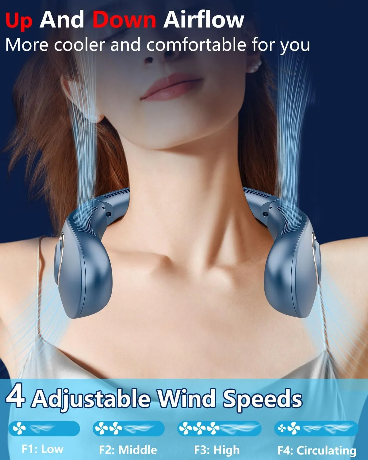 Portable Neck Fan Rechargeable,Personal Fans for Your Neck Battery Operated,Bladeless Folding Neck Fans that Blow Cold Air,Cooling Neck Fan Hands Free,Wearable Necklace Fan for Women Men Kids Blue