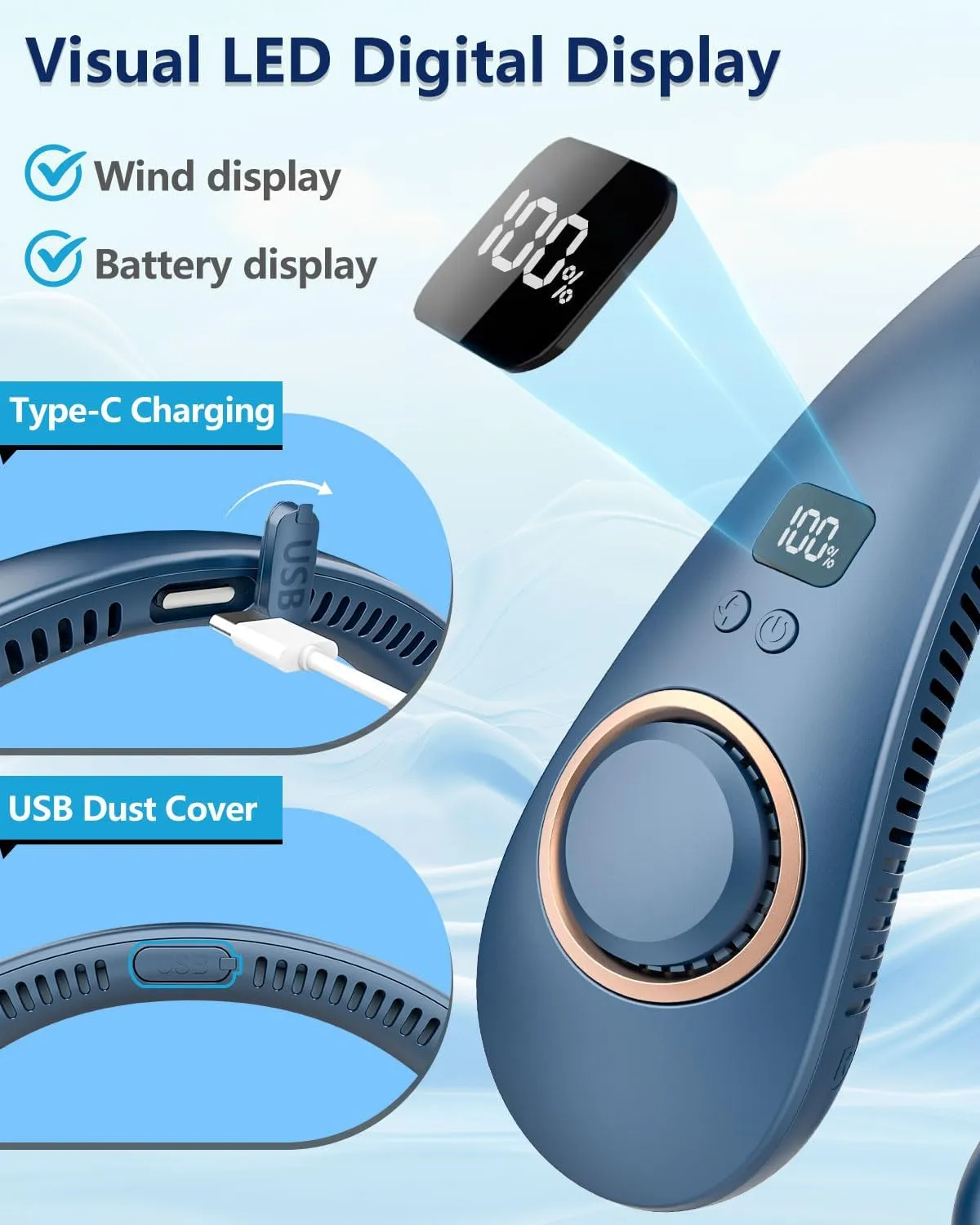 Portable Neck Fan Rechargeable,Personal Fans for Your Neck Battery Operated,Bladeless Folding Neck Fans that Blow Cold Air,Cooling Neck Fan Hands Free,Wearable Necklace Fan for Women Men Kids Blue