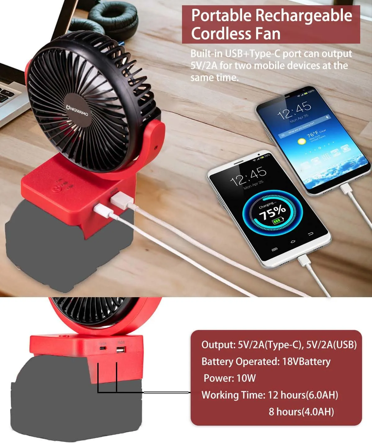 Portable Rechargeable Fan Compatible for Milwaukee 18V Battery, Jobsite Battery Operated Fan With 3 Speeds Control, USB   Type C