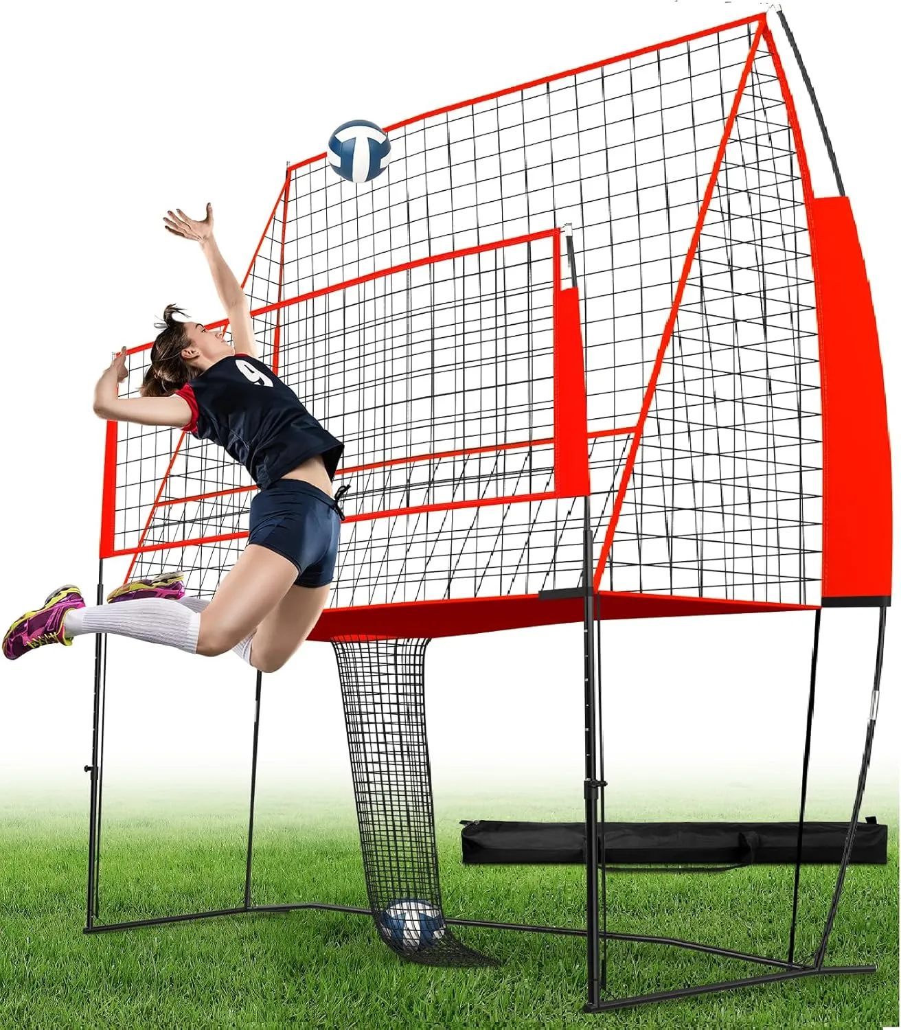 Portable Volleyball Training Equipment Net System, Volleyball Practice Net with Carrying Bag, Height Adjustable for Backyard Indoor Outdoor Hitting Serving Practice