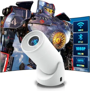 Portable WiFi 6 & Bluetooth Mini Projector - 180° Rotation, Full HD 1080P, 200” Max Display, Outdoor Movie Projector, Compatible with Smartphone, TV Stick, Laptop, PS4, HDMI, USB