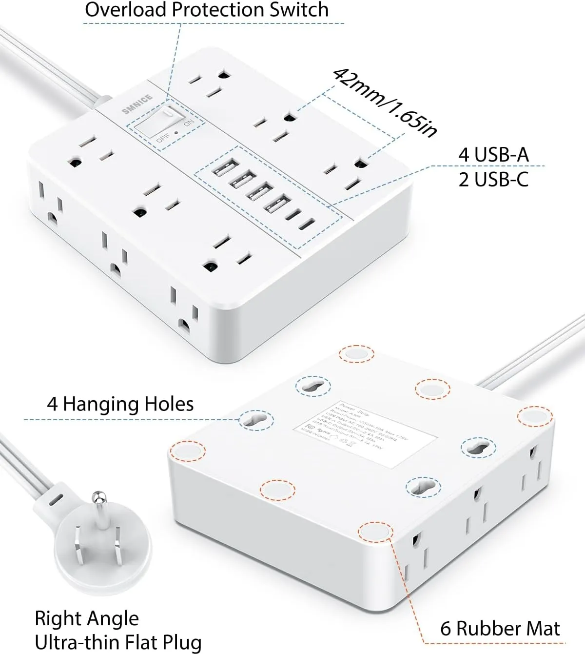 Power Strip Flat Plug with 12 Outlets 6 USB(2 USB C),SMNICE Surge Protector Charging Station with Overload Protection,5ft Extension Cord Widely Spaced Multiple Outlets for Home Office Dorm Essentials
