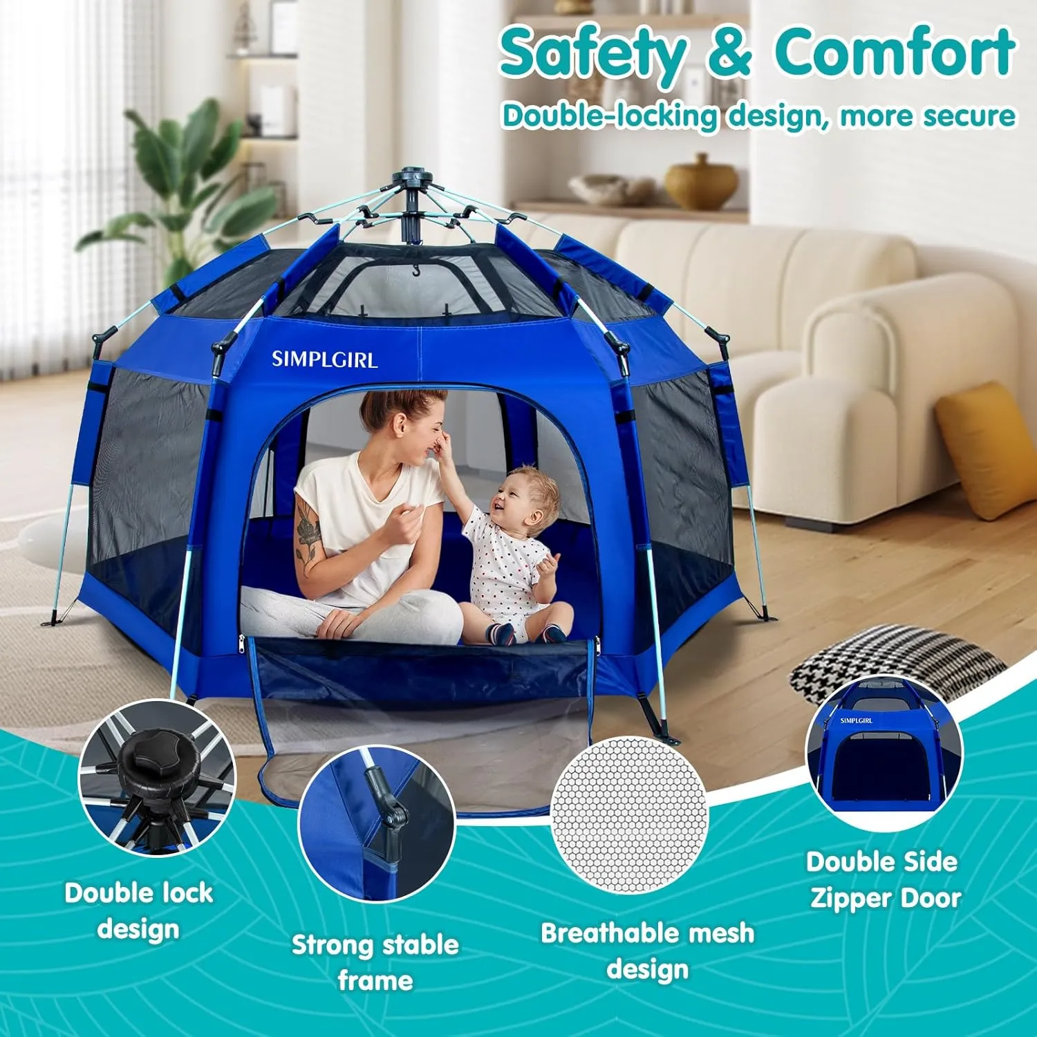Premium in-Door and Out-Door Baby Playpen - Portable, Lightweight, Pop Up Pack and Play Toddler Play Yard w/Canopy and Travel Bag - Blue