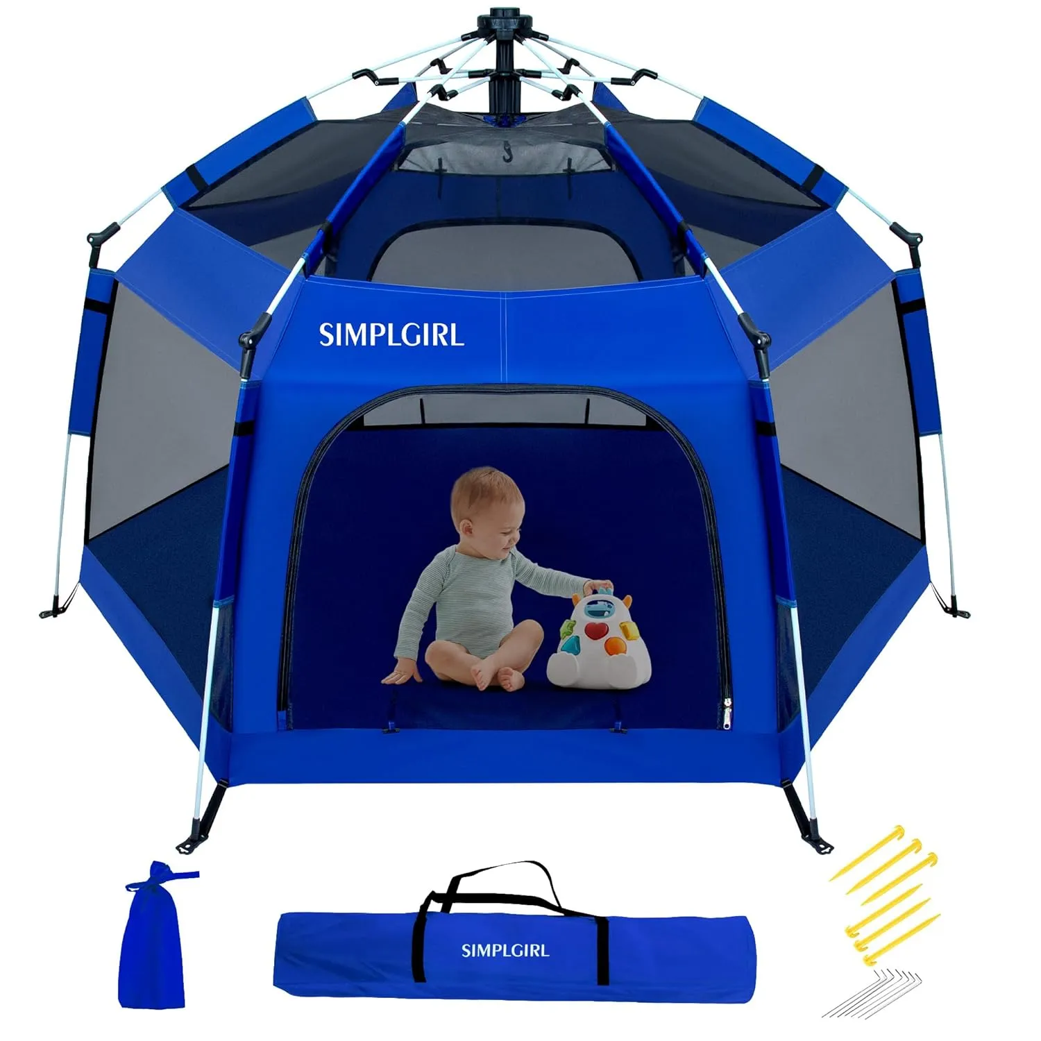 Premium in-Door and Out-Door Baby Playpen - Portable, Lightweight, Pop Up Pack and Play Toddler Play Yard w/Canopy and Travel Bag - Blue