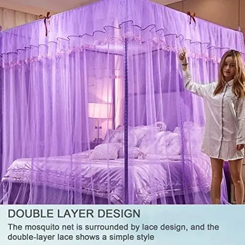 Princess 3 Side Openings Post Bed Curtain Canopy Netting Mosquito Net, 4 Corner Mosquito Net with Stainless Steel Frame, Bedding,B,Twin Bed