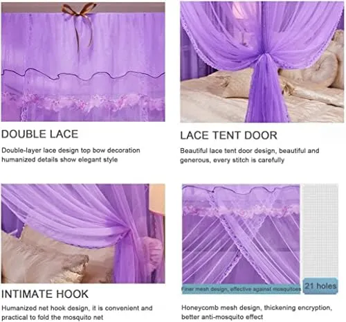 Princess 3 Side Openings Post Bed Curtain Canopy Netting Mosquito Net, 4 Corner Mosquito Net with Stainless Steel Frame, Bedding,B,Twin Bed