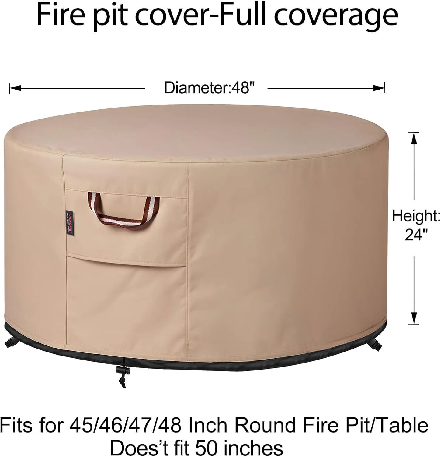 QH.HOME Fire Pit Cover Round-45-48 Inch Heavy Duty 900D Strong Tear-Resistant and UV Resistant and Waterproof and Fading Resistant Material Polyester Firepit Covers Round for Outdoor Fire Pit-Wheat