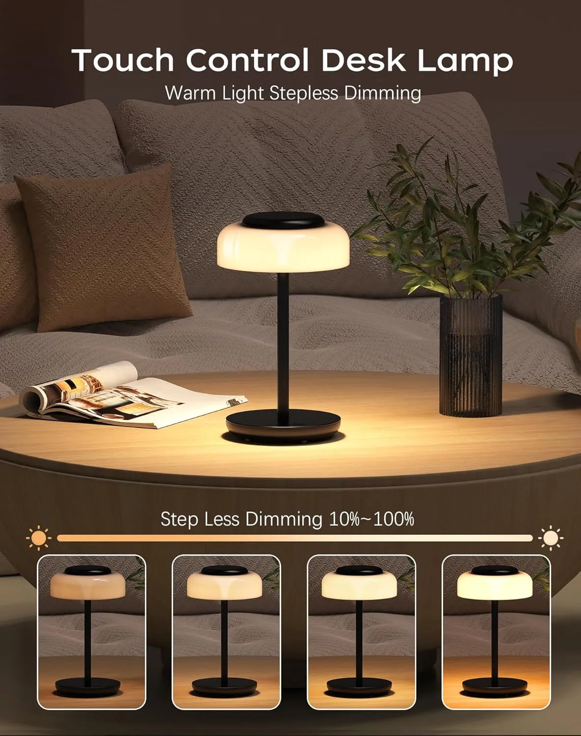 QiMH Battery Operated LED Table Lamp, 5000mAh Cordless Desk Lamp with 3 Level Brightness Touch Control, Mini Rechargeable Night Light for Living Room, Bedroom, Outdoor bar (Black-RGB)