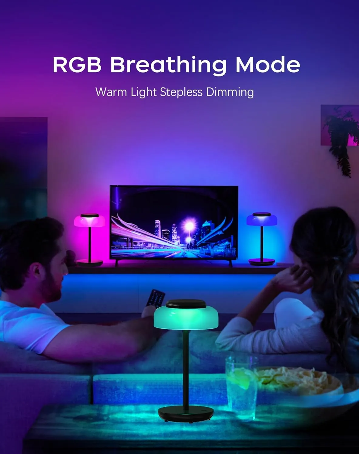 QiMH Battery Operated LED Table Lamp, 5000mAh Cordless Desk Lamp with 3 Level Brightness Touch Control, Mini Rechargeable Night Light for Living Room, Bedroom, Outdoor bar (Black-RGB)