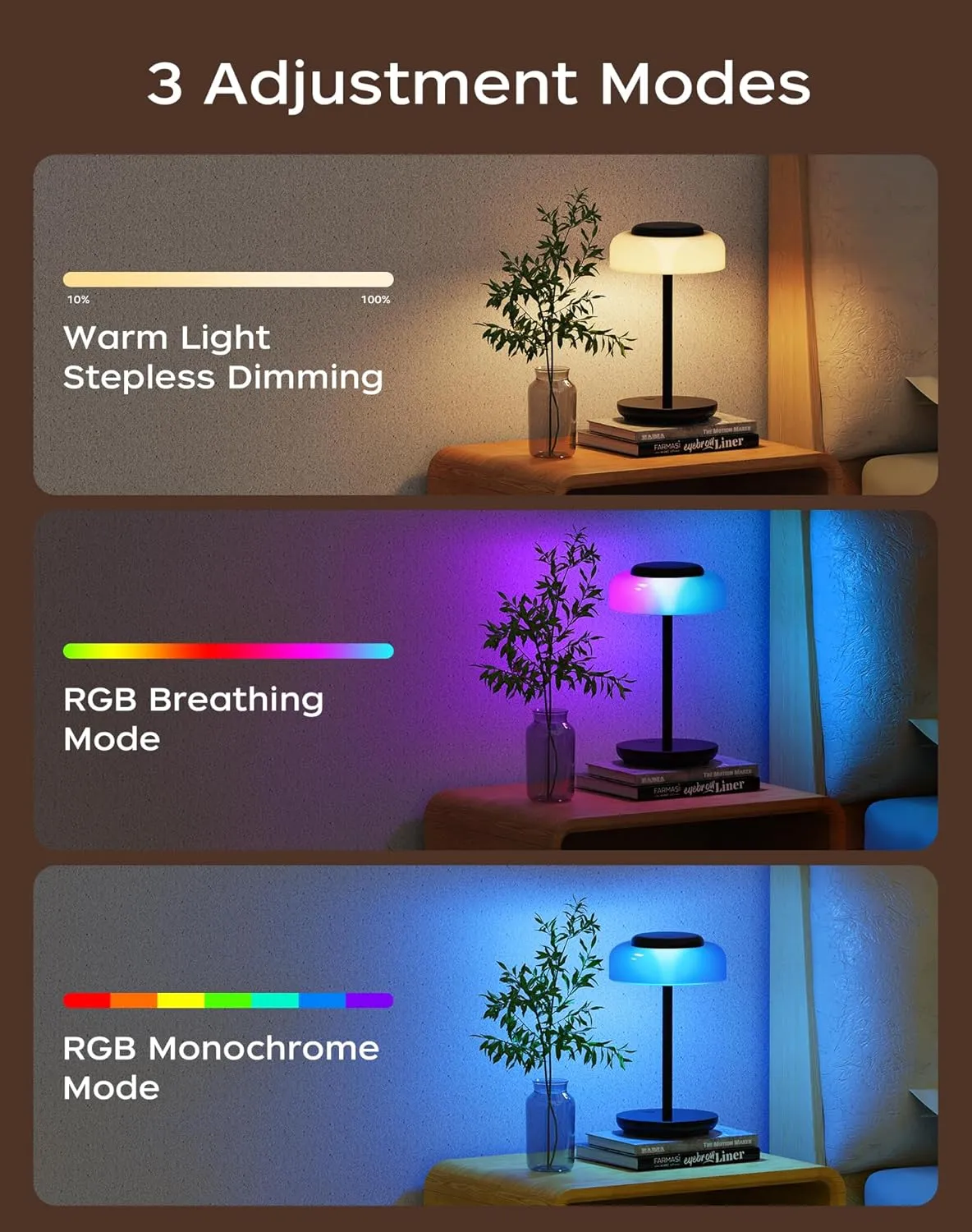 QiMH Battery Operated LED Table Lamp, 5000mAh Cordless Desk Lamp with 3 Level Brightness Touch Control, Mini Rechargeable Night Light for Living Room, Bedroom, Outdoor bar (Black-RGB)