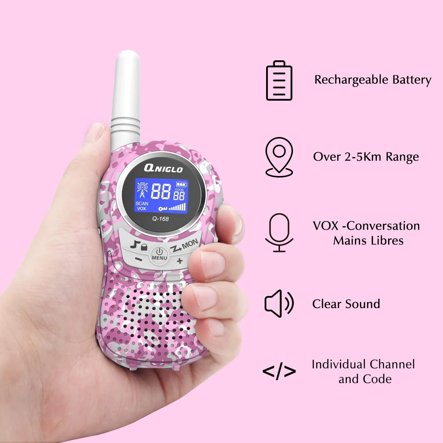 Qniglo Walkie Talkies for Kids Rechargeable with Li-ion Battery, Long Range Kids Walkie Talkies 3 Pack, Toys Walkie Talkie for Girls, Boys, Birthday Halloween Xmas Gifts, Outdoor Camping