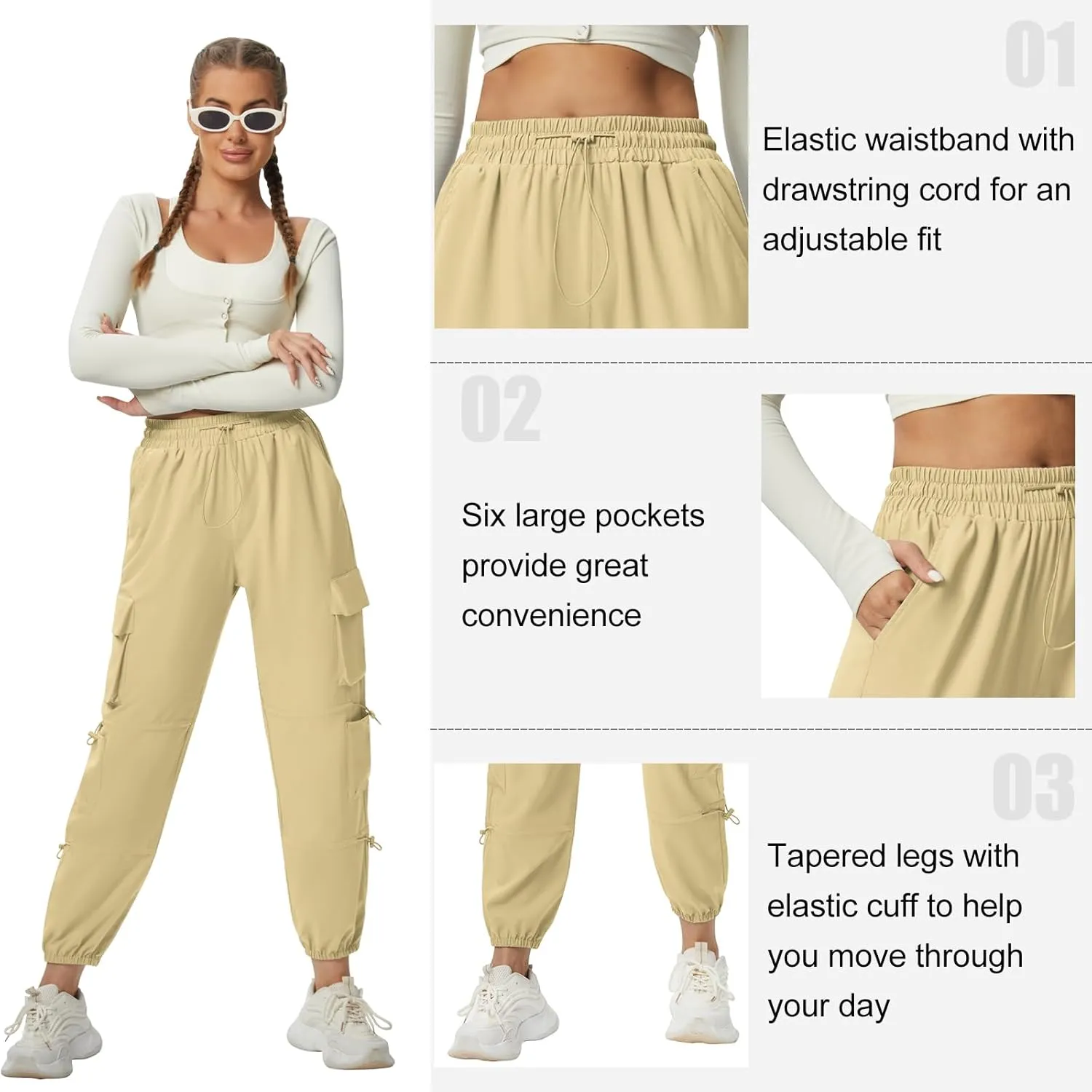 Quick Dry Cargo Pants Lightweight Tactical Hiking Pants with 6 Pockets for Women, Elastic Waist and Water-Resistant