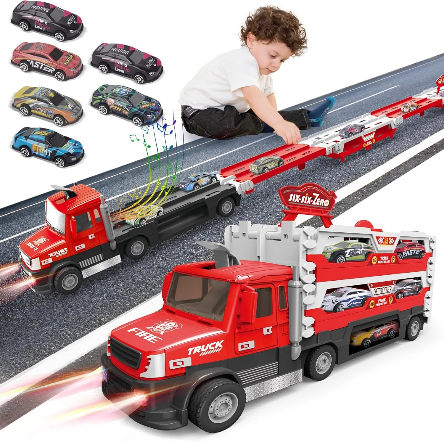 Race Track Truck Toys for Boys Birthday Gifts, 55 Inch Folding Transport Carrier Trucks with Lights & Sounds for Kids Age 3-6, Racing Cars Toy for Toddlers