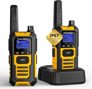 Radioddity HD-1 IP67 Heavy Duty Walkie Talkies, Waterproof Dustproof Shockproof Long Range Two Way Radio with One-Key Group Call, Vibrate Alert, SOS, Dual PTT, Base & USB-C Charing, 2 Packs