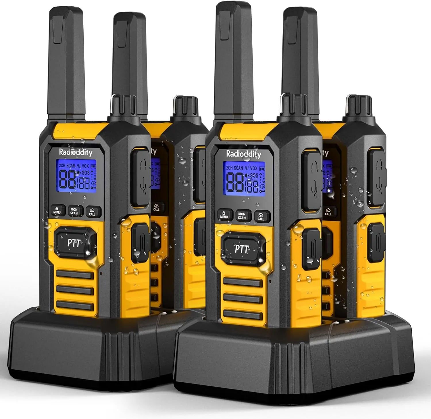 Radioddity HD-1 IP67 Heavy Duty Walkie Talkies, Waterproof Dustproof Shockproof Long Range Two Way Radio with One-Key Group Call, Vibrate Alert, SOS, Dual PTT, Base & USB-C Charing, 4 Packs