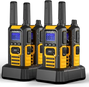 Radioddity HD-1 IP67 Heavy Duty Walkie Talkies, Waterproof Dustproof Shockproof Long Range Two Way Radio with One-Key Group Call, Vibrate Alert, SOS, Dual PTT, Base & USB-C Charing, 4 Packs