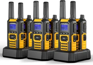 Radioddity HD-1 IP67 Heavy Duty Walkie Talkies, Waterproof Dustproof Shockproof Long Range Two Way Radio with One-Key Group Call, Vibrate Alert, SOS, Dual PTT, Base & USB-C Charing, 6 Packs
