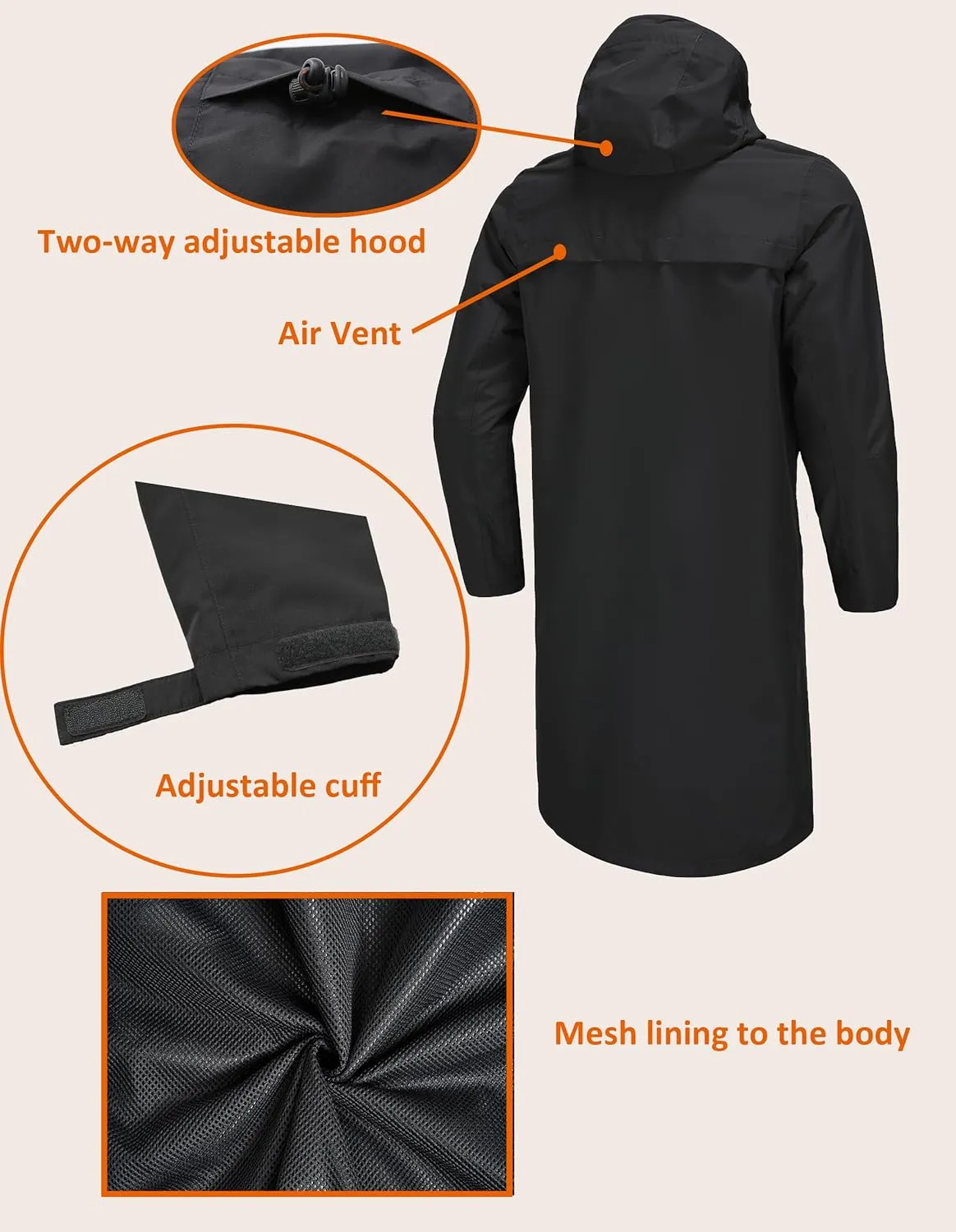 Rain Jacket Men,Waterproof Breathable Long Raincoat with Hood Mesh Lining,Windbreaker for outdoor activities