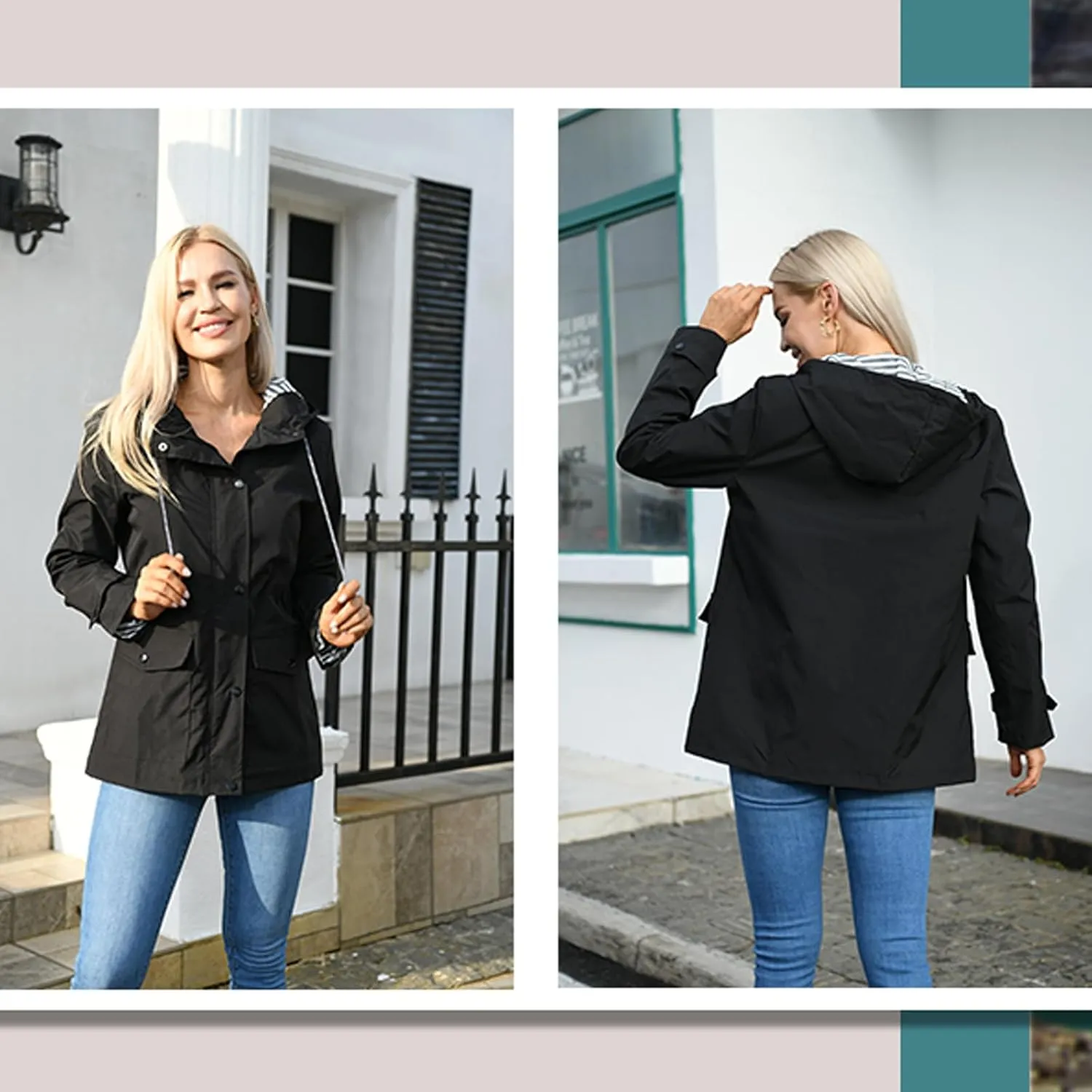 Rain Jacket Women Waterproof Windbreaker Jackets Trendy Striped Lining Raincoat Drawstring Waist Hooded Rain Coats