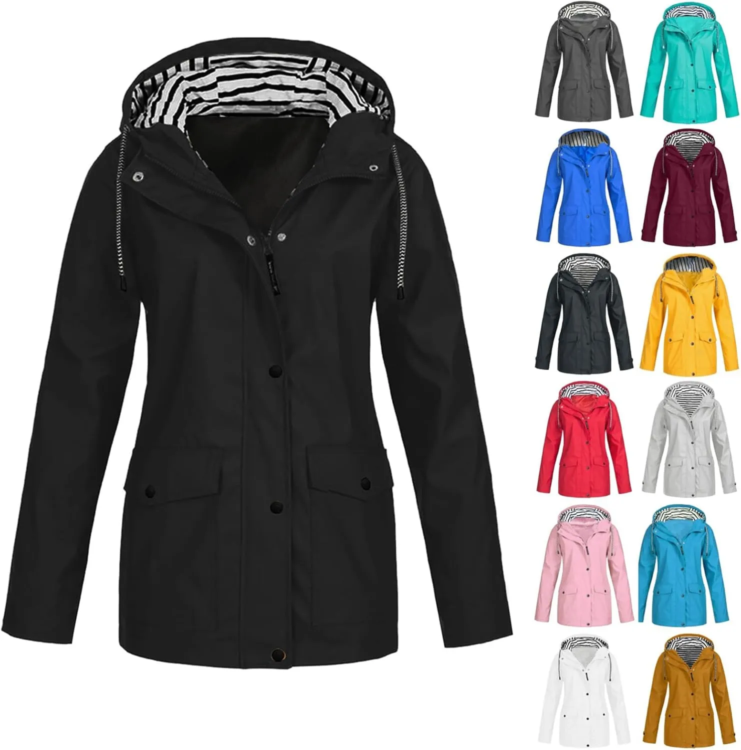 Rain Jacket Women Waterproof Windbreaker Jackets Trendy Striped Lining Raincoat Drawstring Waist Hooded Rain Coats