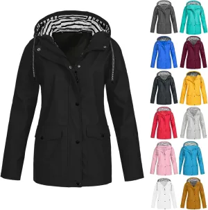 Rain Jacket Women Waterproof Windbreaker Jackets Trendy Striped Lining Raincoat Drawstring Waist Hooded Rain Coats