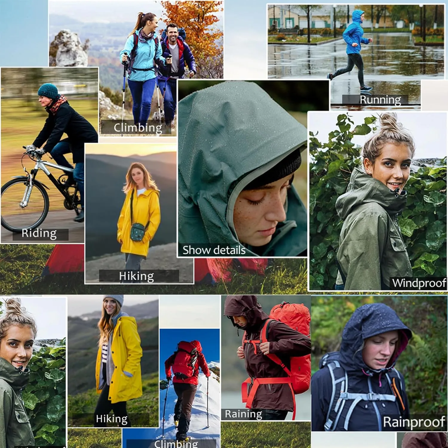 Rain Jacket Women Waterproof Windbreaker Jackets Trendy Striped Lining Raincoat Drawstring Waist Hooded Rain Coats