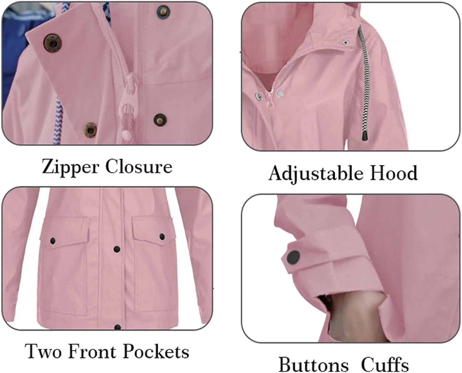 Rain Jacket Women Waterproof Windbreaker Jackets Trendy Striped Lining Raincoat Drawstring Waist Hooded Rain Coats