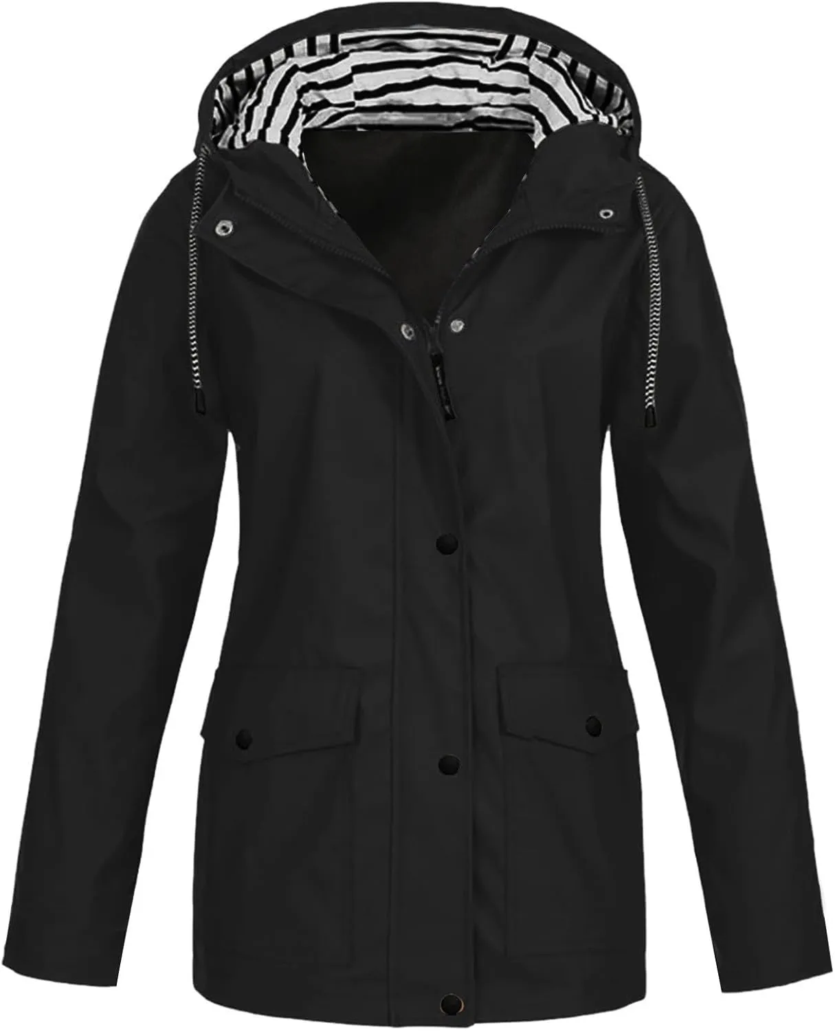 Rain Jacket Women Waterproof Windbreaker Jackets Trendy Striped Lining Raincoat Drawstring Waist Hooded Rain Coats