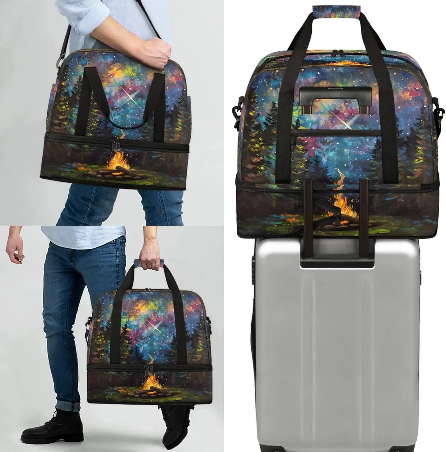Rainbow Forest Fire Art Travel Duffel Bags for Women & Men Large Sports Gym Bags Foldie Weekender Overnight Bag Carry On Tote Bag With Shoe Compartment Personal Item Luggage for Travel Sports Gym
