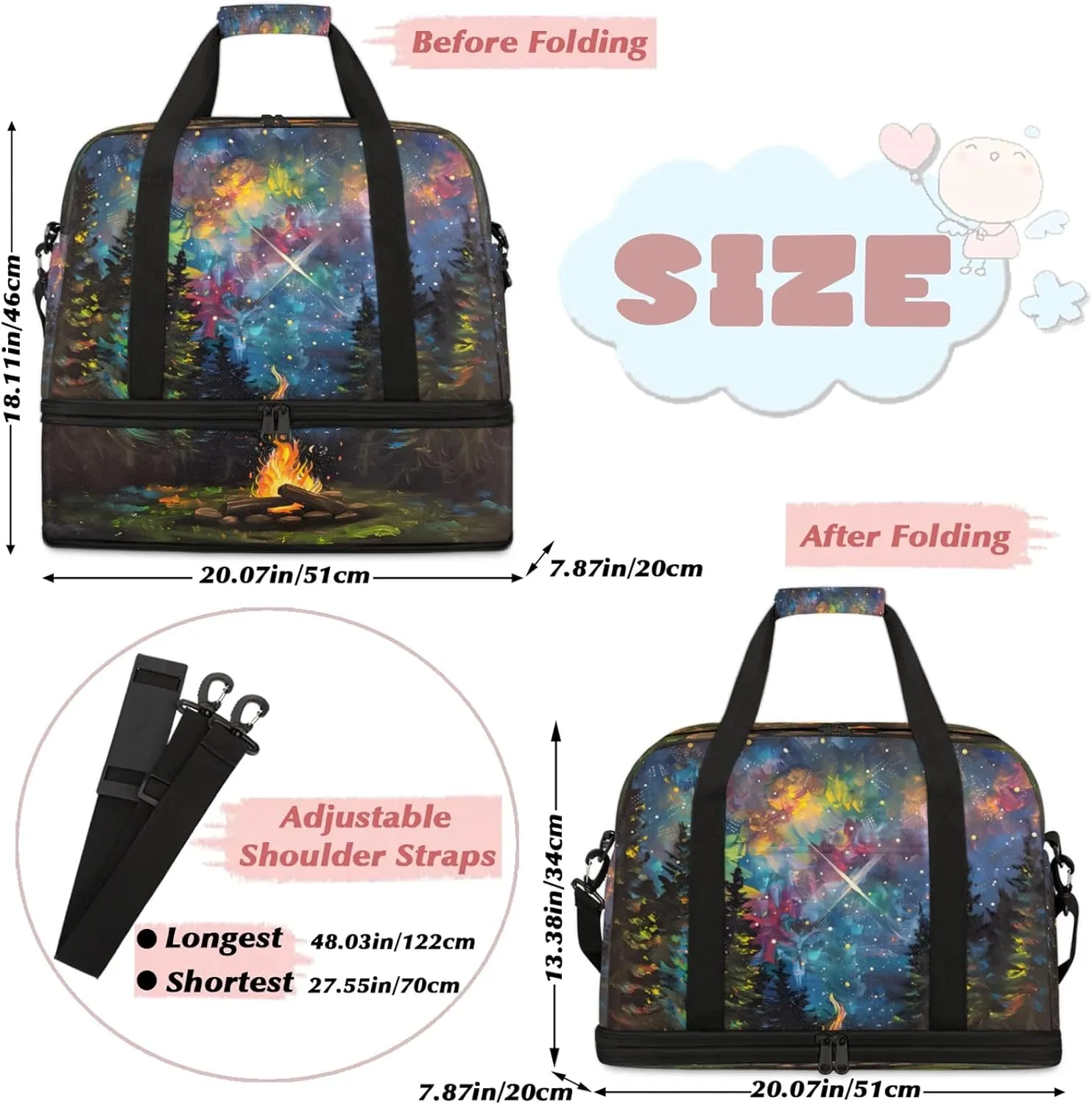 Rainbow Forest Fire Art Travel Duffel Bags for Women & Men Large Sports Gym Bags Foldie Weekender Overnight Bag Carry On Tote Bag With Shoe Compartment Personal Item Luggage for Travel Sports Gym