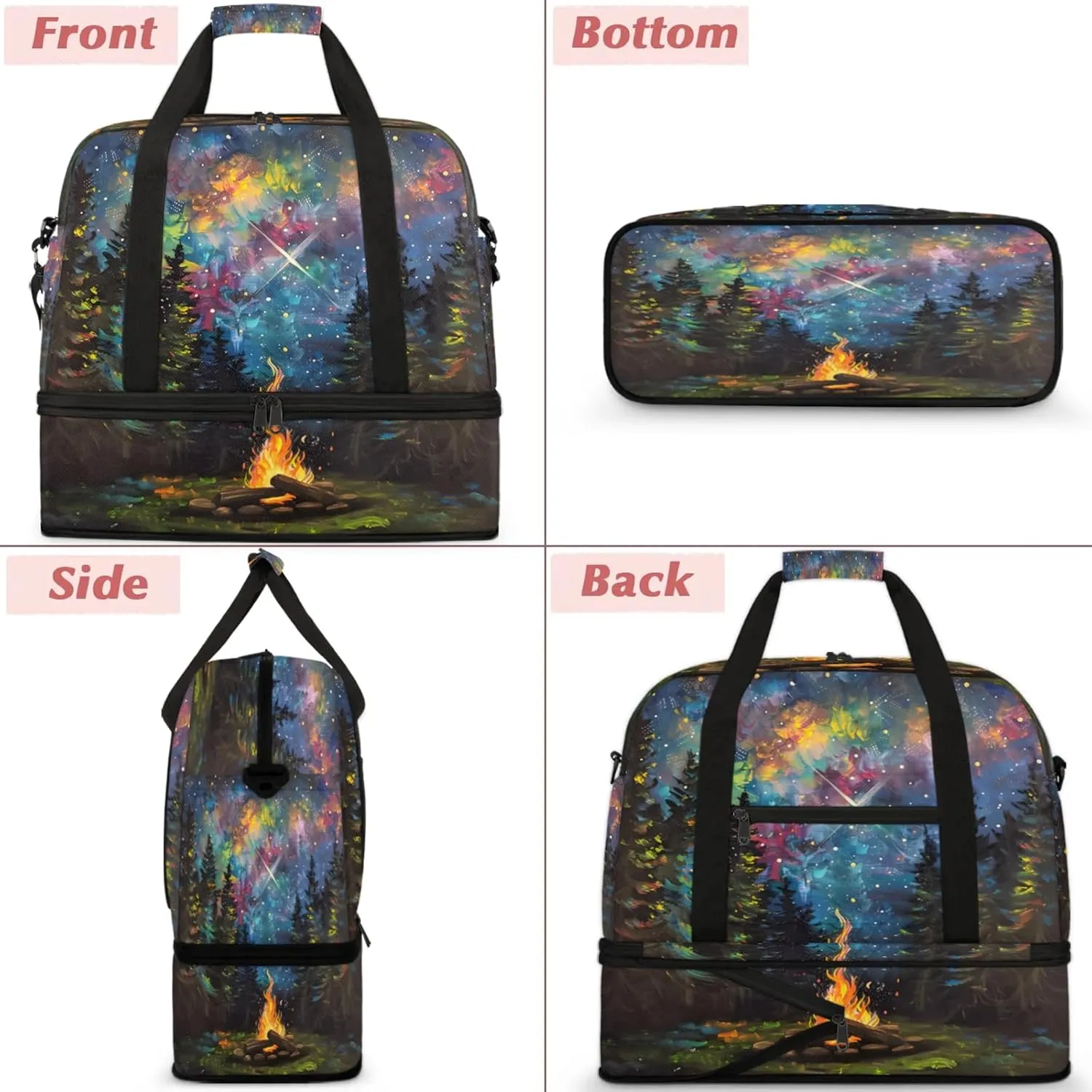 Rainbow Forest Fire Art Travel Duffel Bags for Women & Men Large Sports Gym Bags Foldie Weekender Overnight Bag Carry On Tote Bag With Shoe Compartment Personal Item Luggage for Travel Sports Gym