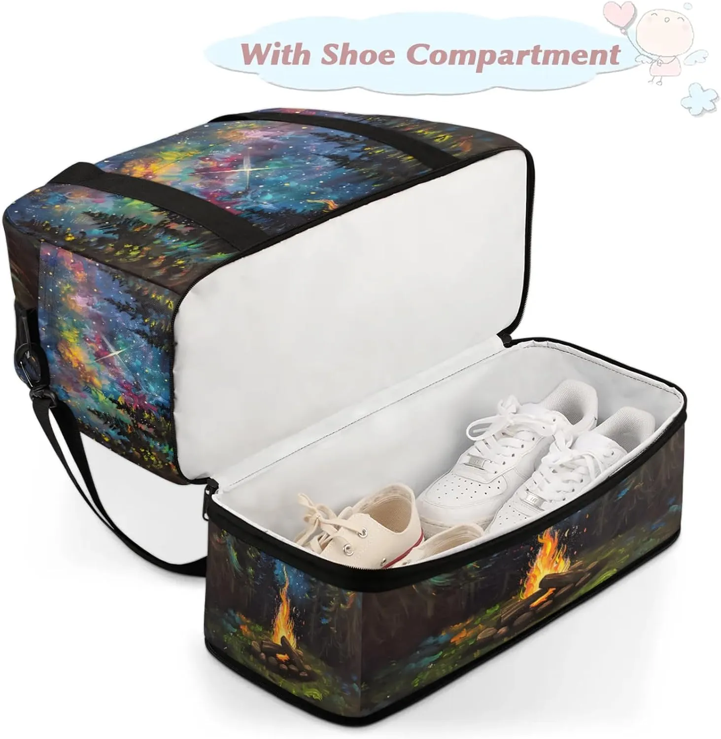 Rainbow Forest Fire Art Travel Duffel Bags for Women & Men Large Sports Gym Bags Foldie Weekender Overnight Bag Carry On Tote Bag With Shoe Compartment Personal Item Luggage for Travel Sports Gym