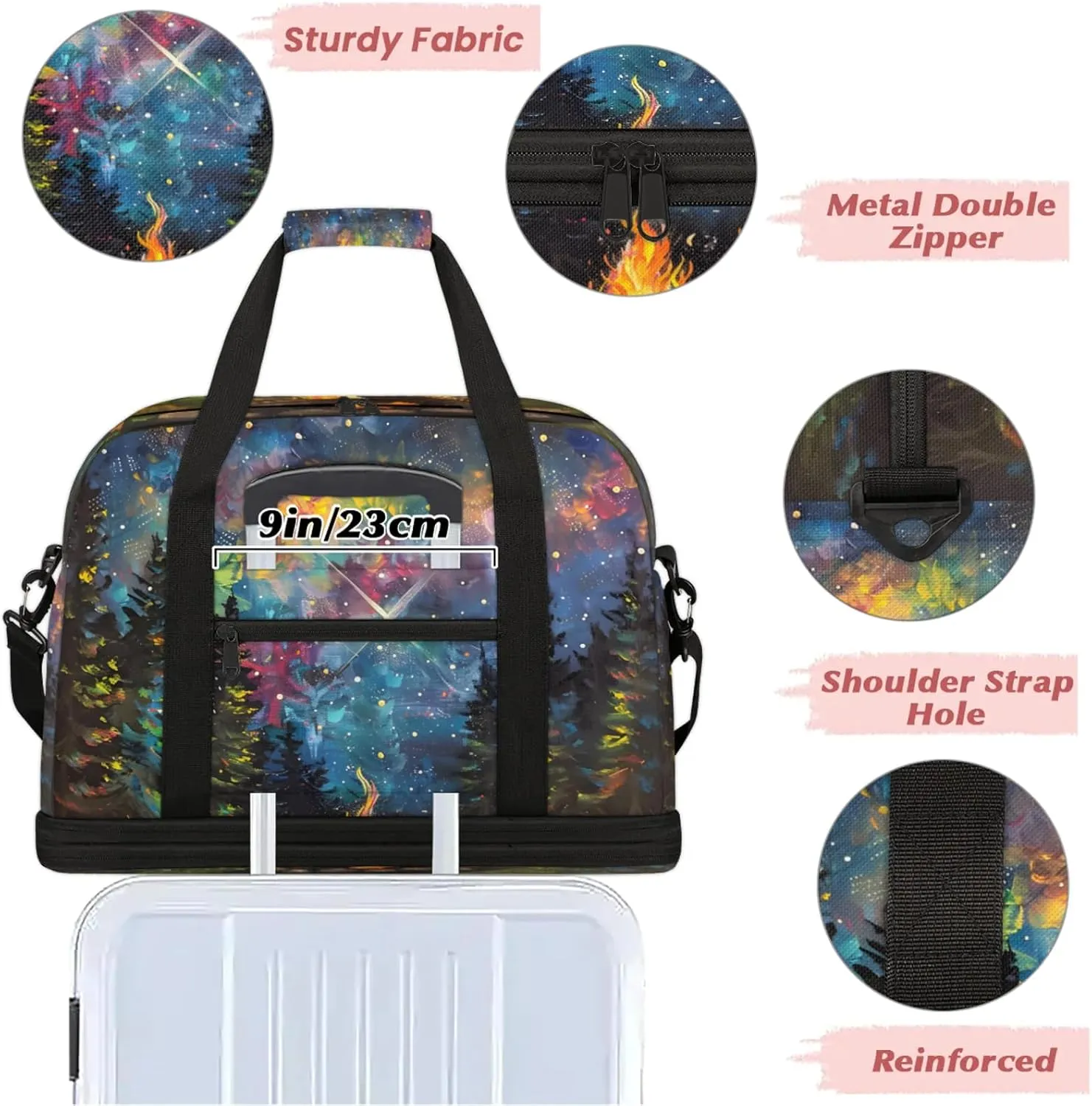 Rainbow Forest Fire Art Travel Duffel Bags for Women & Men Large Sports Gym Bags Foldie Weekender Overnight Bag Carry On Tote Bag With Shoe Compartment Personal Item Luggage for Travel Sports Gym