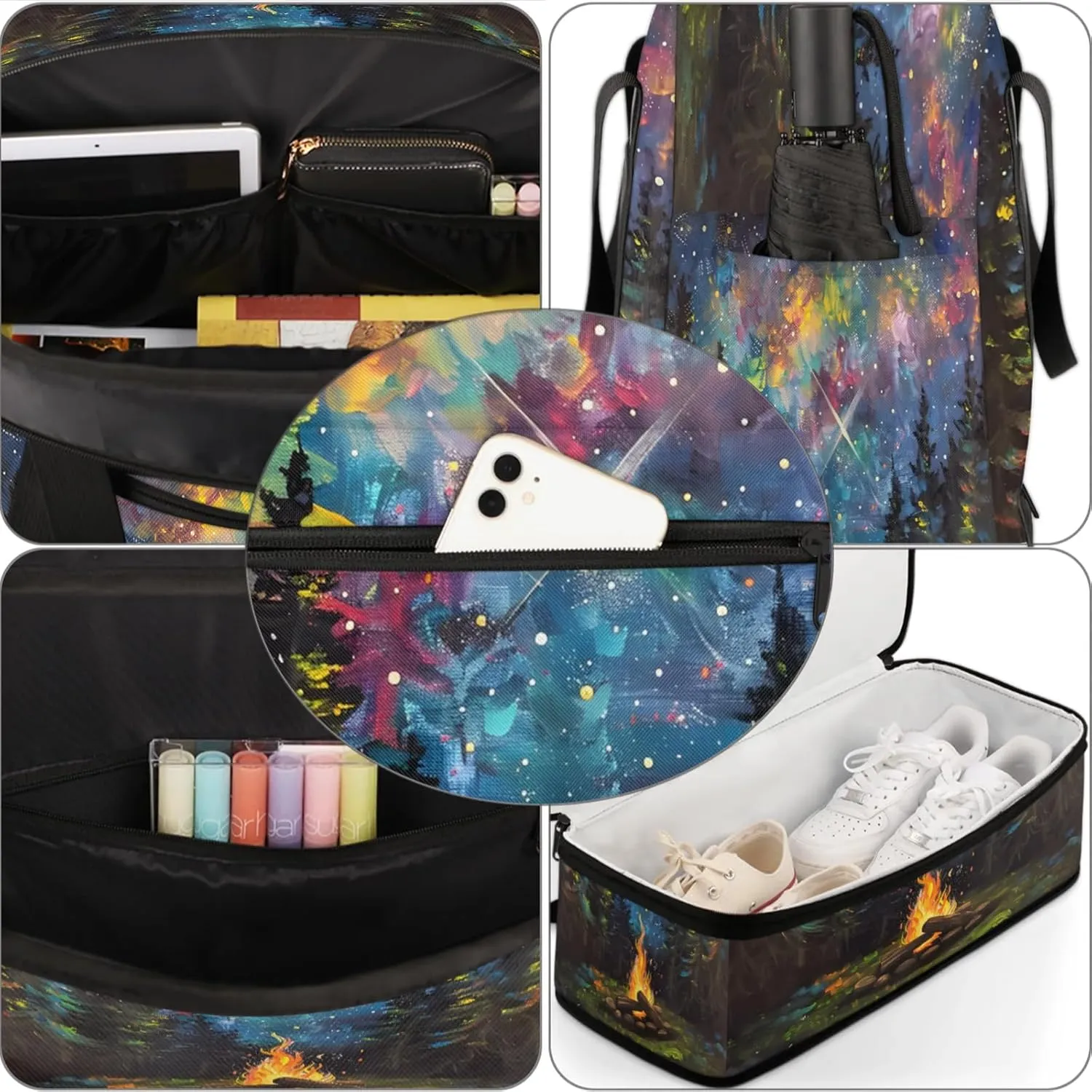 Rainbow Forest Fire Art Travel Duffel Bags for Women & Men Large Sports Gym Bags Foldie Weekender Overnight Bag Carry On Tote Bag With Shoe Compartment Personal Item Luggage for Travel Sports Gym