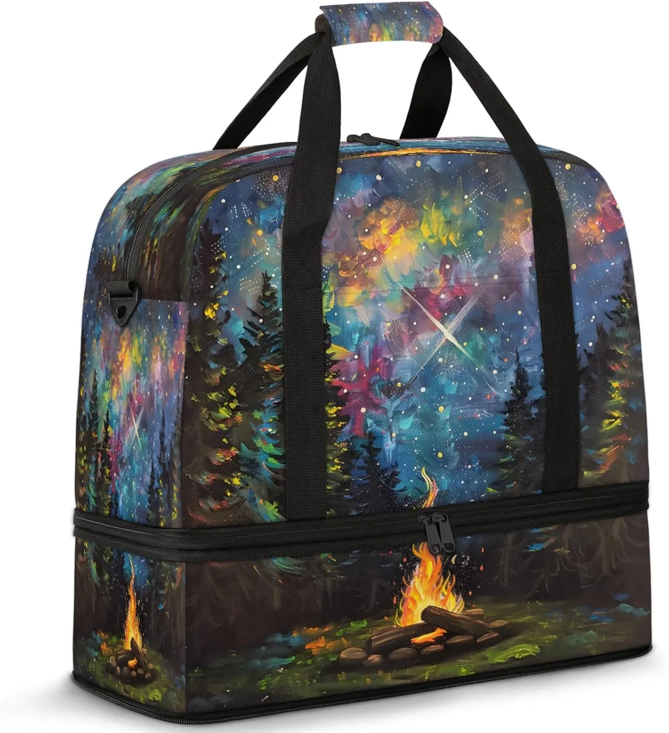 Rainbow Forest Fire Art Travel Duffel Bags for Women & Men Large Sports Gym Bags Foldie Weekender Overnight Bag Carry On Tote Bag With Shoe Compartment Personal Item Luggage for Travel Sports Gym