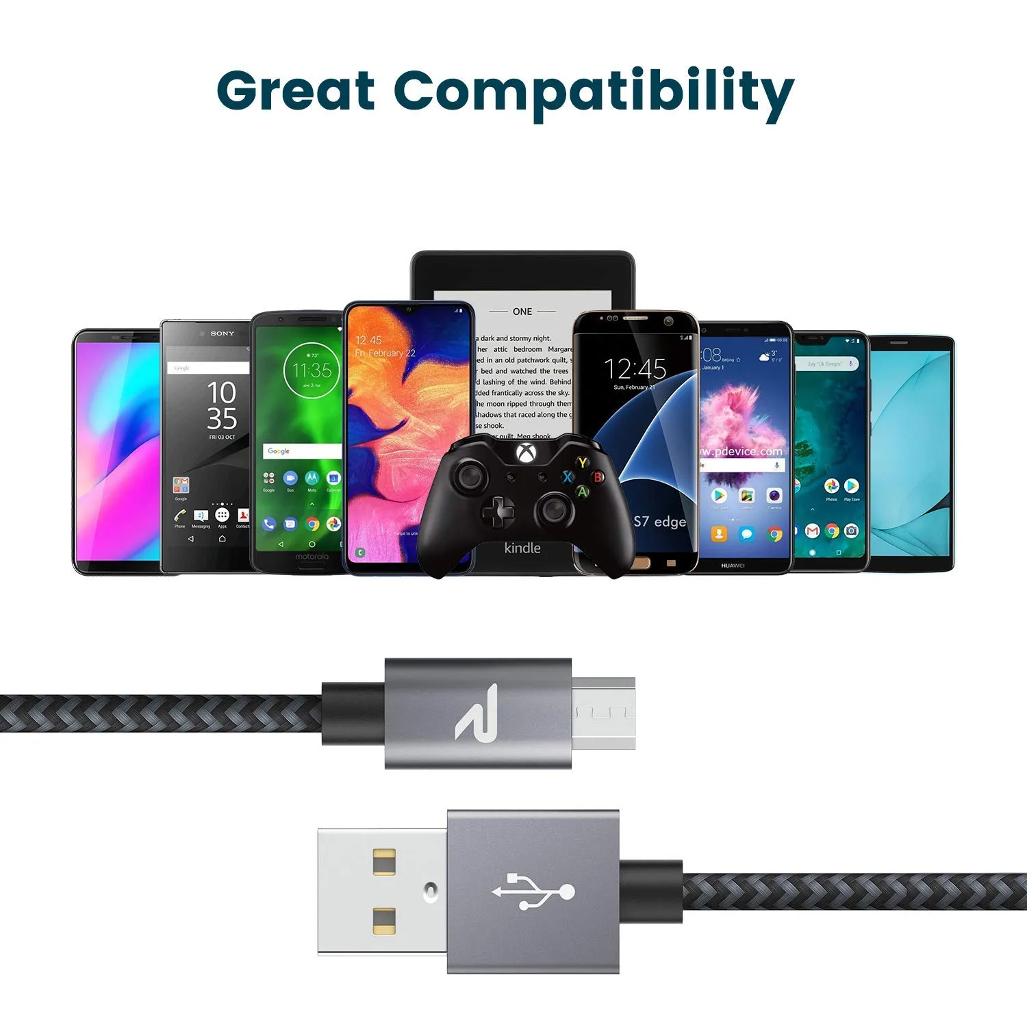 RAMPOW Micro USB Cable [2 Pack/6.6ft], QC 3.0 Fast Charging & Sync Android Charger,Micro USB Cables for Samsung Galaxy S7/S6 and Edge,Note 7/6,Sony,Kindle,PS4,Xbox,Android Devices and More-Space Grey