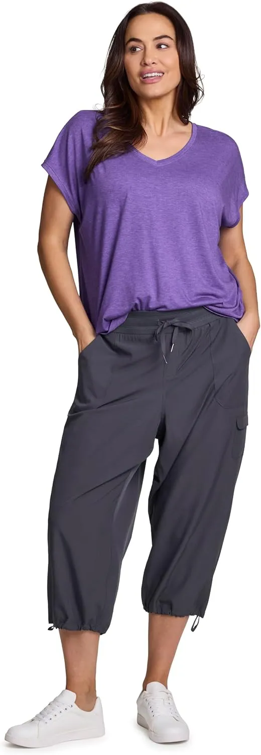 RBX Active Women's Plus Size Fashion Lightweight Woven Body Skimming Drawstring Cargo Capri Pant