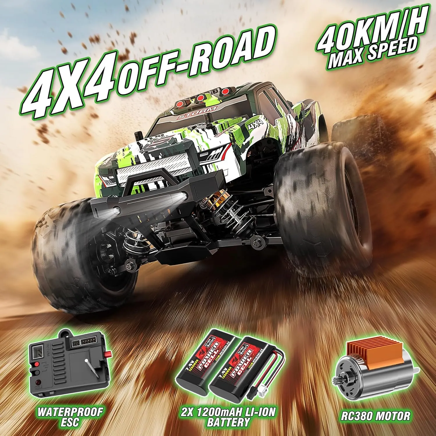 Rc Cars 1:18 All Terrain RC Car for Adults & Boys (18305), 4WD Off-Road RC Truck High Speed Fast 40  KPH, 4X4 Waterproof Remote Control Car with 2 Rechargeable Batteries