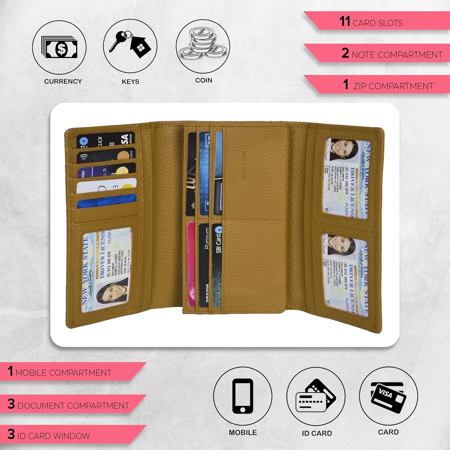 Real Leather Women Wallet Leather with RFID Blocking -Trifold Card Holder Designer Ladies Clutch with ID Window Wallets