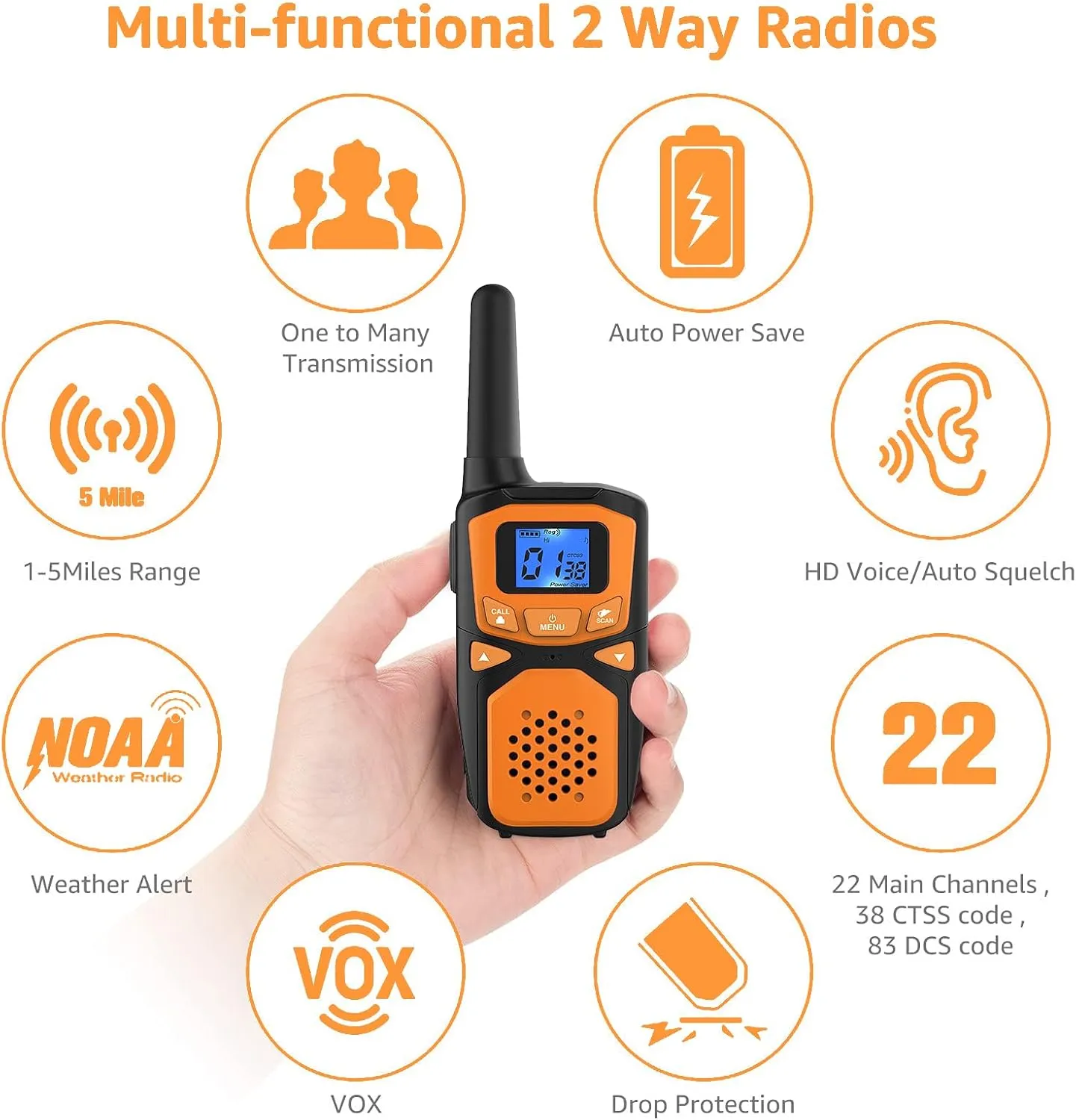 Rechargeable Long Range 2 Pack Walkie Talkies - 22 Channels VOX Scanning LCD Display - Ideal for Family Camping and Hiking