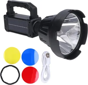 Rechargeable Waterproof LED Spotlight, Handheld Flashlight with 6 Lighting Modes, USB Output for Phone Charging, Solar Charging, Safety Warning for Adventure Travel Hiking Camping