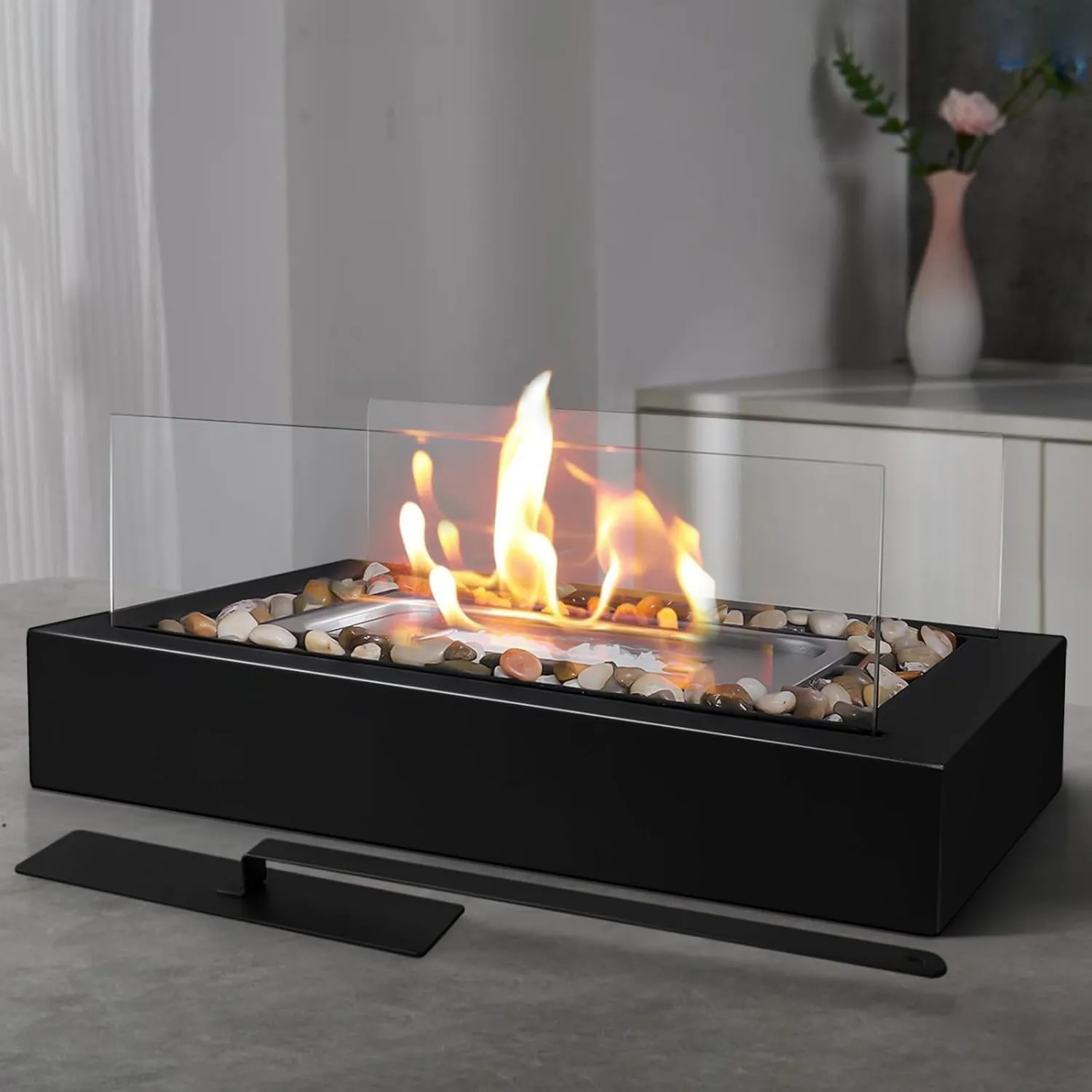 Rectangle Tabletop Fire Pit - Safer Burning Stainless Steel Mini Fireplace with Cobblestones Surrounded, Smores Maker, Indoor/Outdoor FirePit - Gift for Modern Home Décor, Parties & Birthday Gift