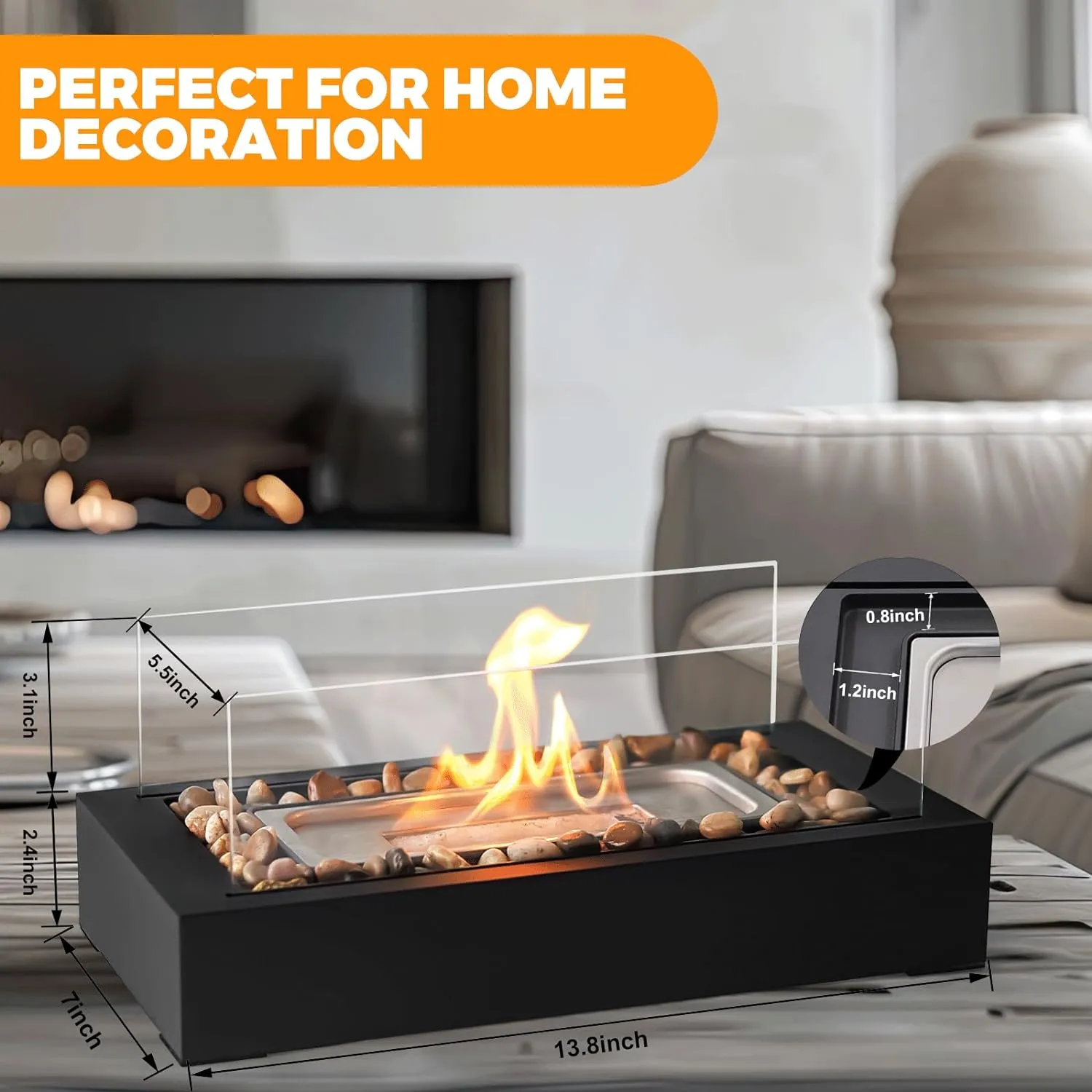 Rectangle Tabletop Fire Pit - Safer Burning Stainless Steel Mini Fireplace with Cobblestones Surrounded, Smores Maker, Indoor/Outdoor FirePit - Gift for Modern Home Décor, Parties & Birthday Gift