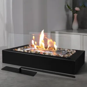 Rectangle Tabletop Fire Pit - Safer Burning Stainless Steel Mini Fireplace with Cobblestones Surrounded, Smores Maker, Indoor/Outdoor FirePit - Gift for Modern Home Décor, Parties & Birthday Gift