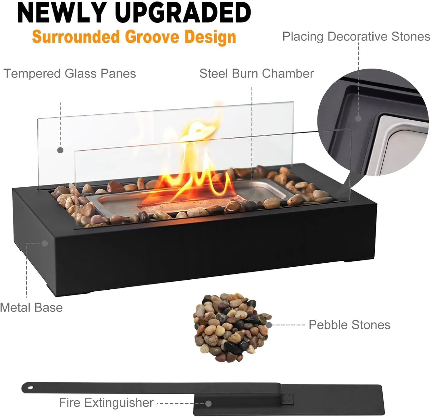 Rectangle Tabletop Fire Pit - Safer Burning Stainless Steel Mini Fireplace with Cobblestones Surrounded, Smores Maker, Indoor/Outdoor FirePit - Gift for Modern Home Décor, Parties & Birthday Gift