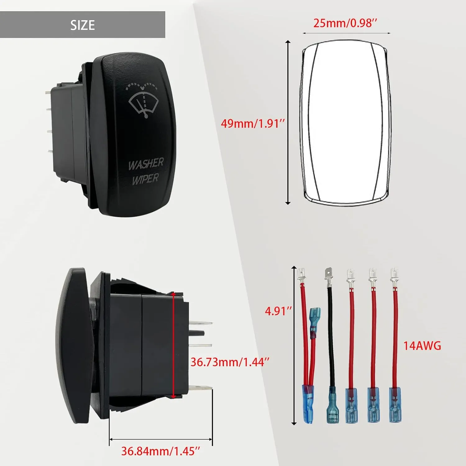 Red Backlit 6PIN (ON)-ON-Off Washer Wiper Rocker Switch with Jumper Wires DPDT Momentary Toggle Switch for Automotive Yacht Truck RZR Side by Side UTV Central Console 12V 24V Waterproof IP67
