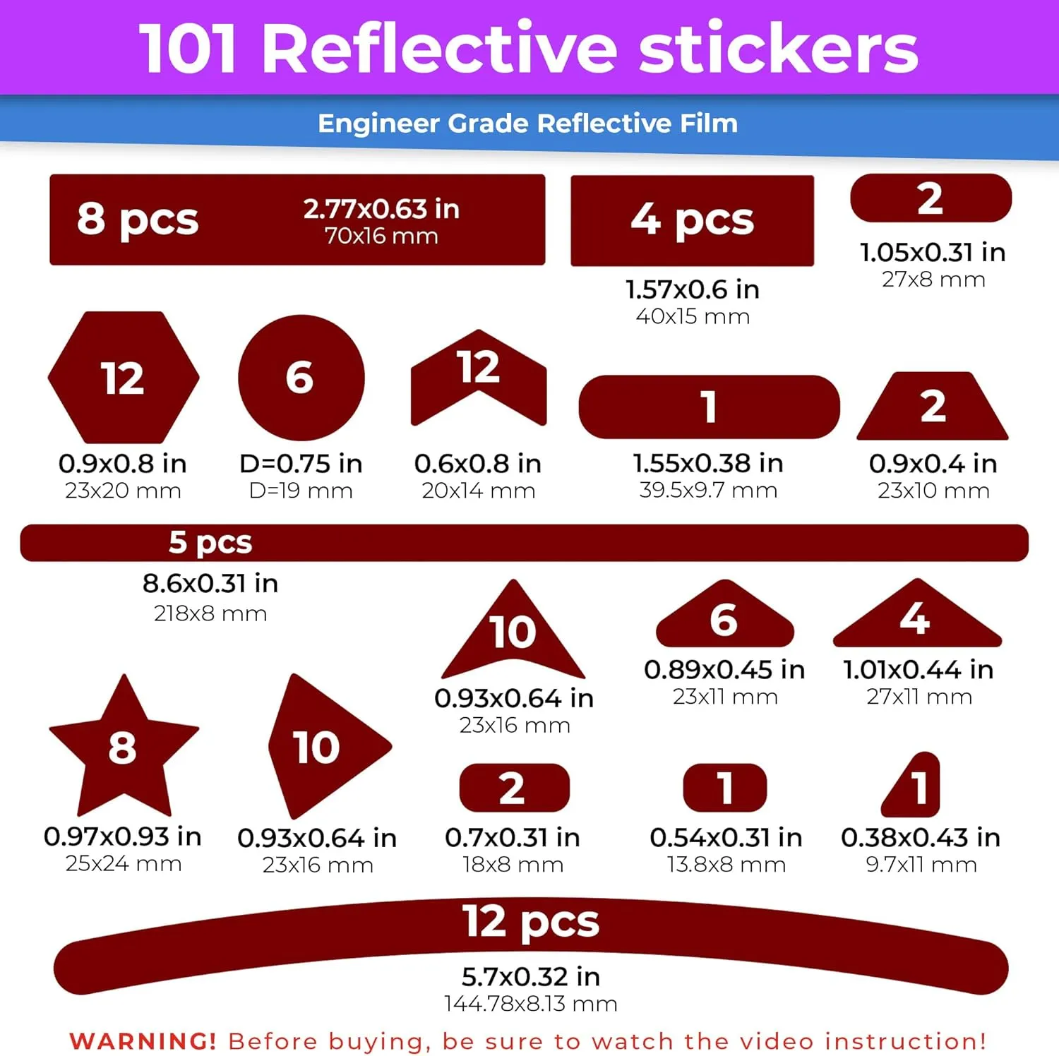 Reflective Stickers Mega Kit (101pcs red)• Nighttime Safety Waterproof Self-Adhesive Decals for Helmets, Skateboard, Bike, Scooter, E-Bike, Motorcycle & Strollers • Bright Colors