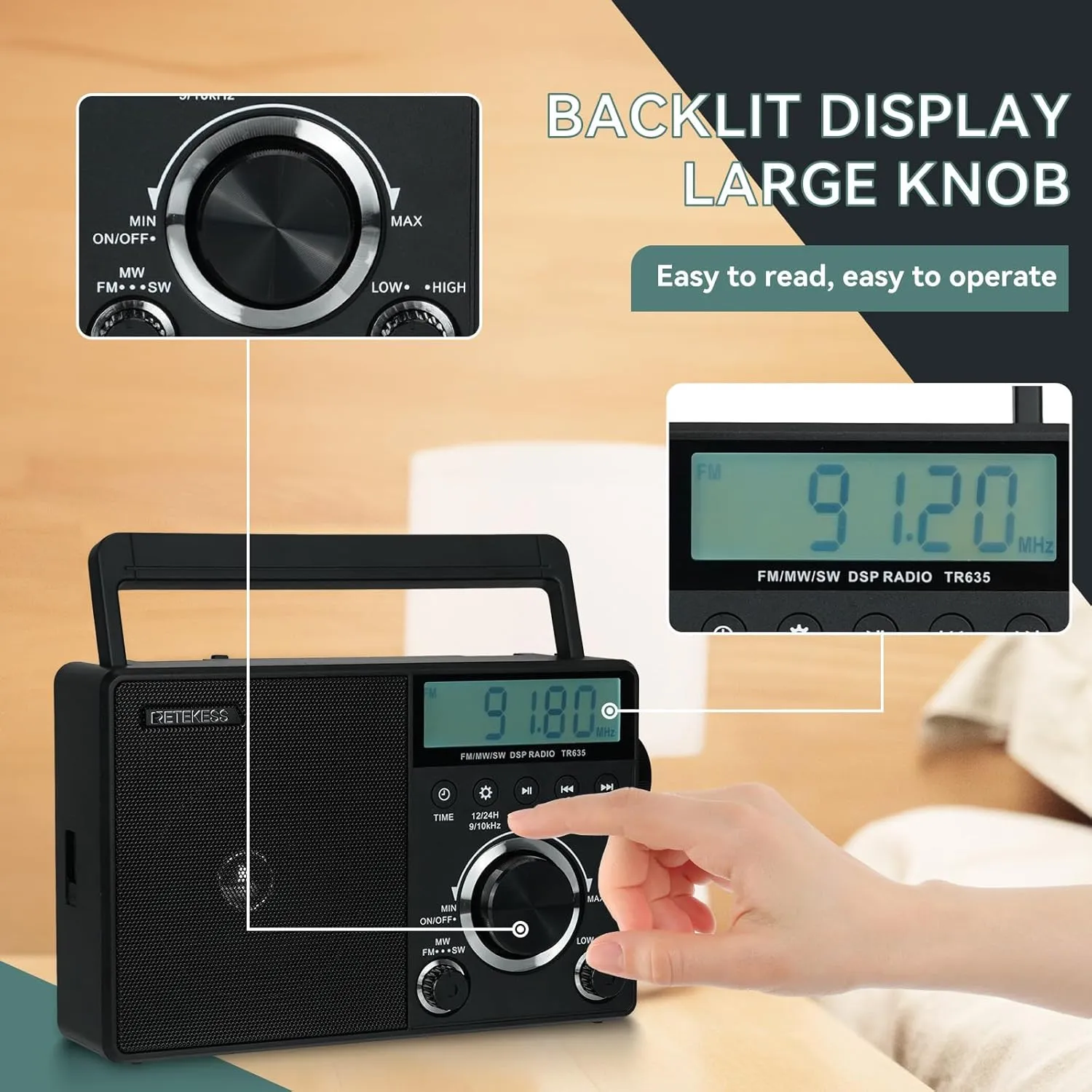 Retekess TR635 Portable Digital Radio,AM FM Shortwave Radios with Best Reception,Backlight LCD Display,Clock,Battery Operated Radio or AC Power,for,Elder,Home