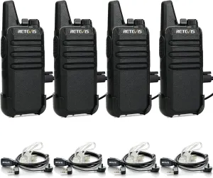 Retevis RT22 Walkie Talkies with Earpiece, Two Way Radios Long Range, Mini Walkie Talkie Rechargeable for Adults,Key Lock,VOX Handsfree, for Family Hunting Camping Hiking Skiing (4 Pack, Black)
