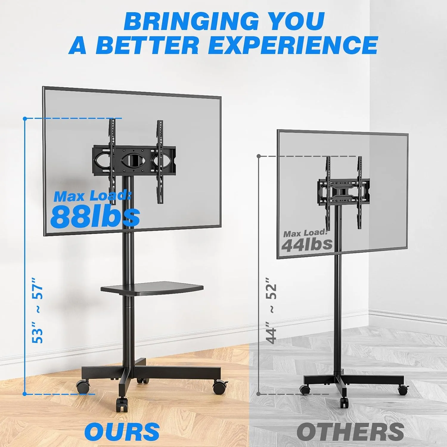 Rfiver Mobile TV Stand for 23-60 Inch LCD LED Flat/Curved Panel Screen TVs up to 88 lbs, Rolling TV Stand with Adjustable Shelf & Tilt, Portable Floor Stand on Wheels for Bedroom, Living Room, Office